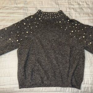 SHEIN Charcoal Pearl-Studded Turtleneck Sweater